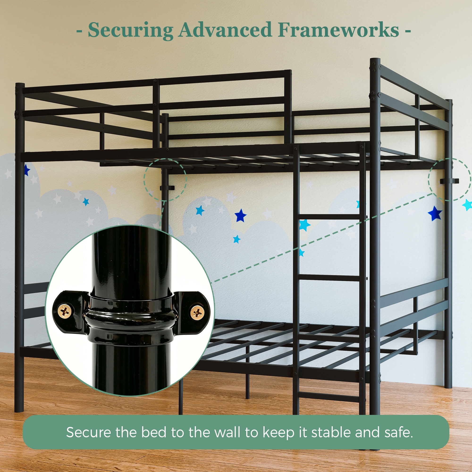 MAYEERTY Full Over Full Metal Bunk Bed, Heavy Duty 770 lbs Capacity Frame, Sturdy Steel Bunk Bed with Guardrail and Ladder for Kids Teens Adults, Black