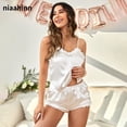 thumbnail image 2 of Conjunto de pijamas de satén para mujer, Sexy, tirantes finos, empalme, cuello en V, camisa de noche de seda, ropa de casa informal cómoda y sólida para mujer, novedad xuanjing  unisex, 2 of 2
