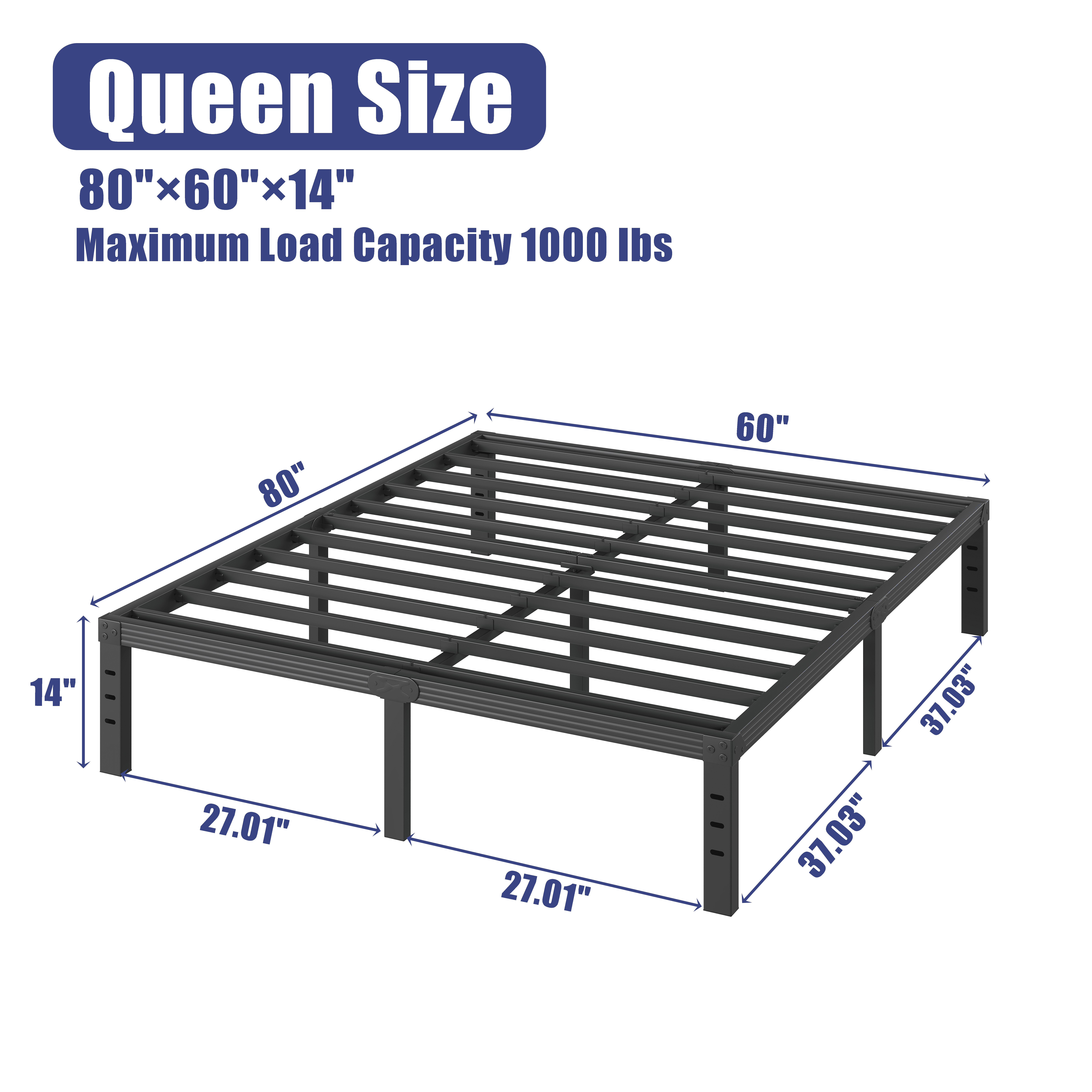 COMASACH 14 inch Queen Bed Frame, Easy Assembly, No Box Spring Needed, Heavy Duty Metal Platform Queen Size, Noise Free, Black
