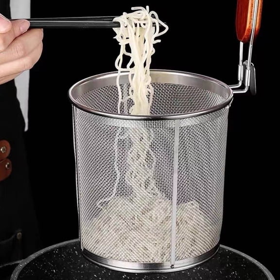 Pasta Strainer Basket, Stainless Steel Mesh Strainer with Wooden Handle for Boiling, Kitchen Fine Food Skimmer Deep Fry Basket for Pasta, Noodle, Dumpling, 6.6''D x 16.7''H