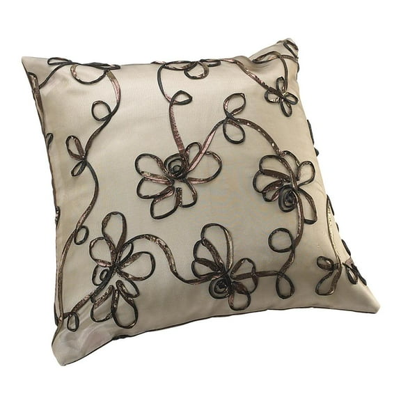 Venetian Polyester Vintage Embroidered Floral Design 18" X 18" Decorative Throw Pillow - In Brown