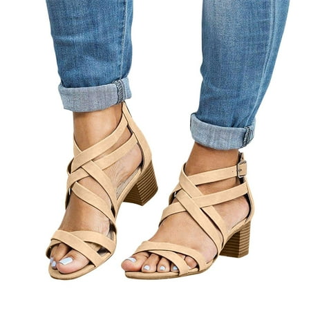 

Herrnalise New Cross Strap Zipper Sandals High Heel Chunky Heel Women Sandals Women Shoes Fashion