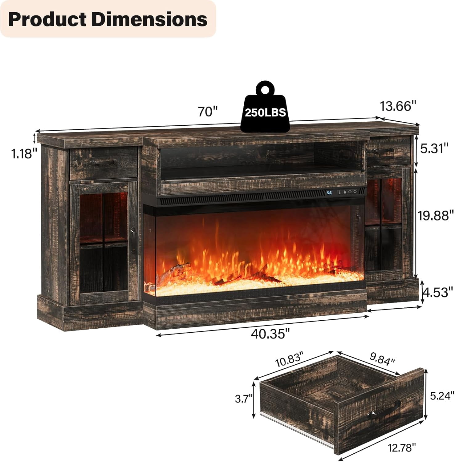 DreamCurship Fireplace TV Stand for TVs up to 80", Farmhouse TV Stand with Electric Fireplace, Glass Door Entertainment Center with Led Light, Media Console Table for Living Room, Oak