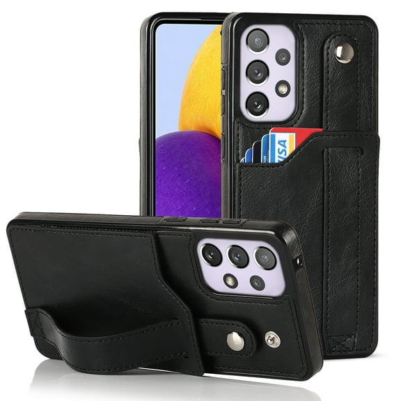 Dteck for Samsung Galaxy A52 5G Slim Case, Shockproof Premium PU Leather Soft TPU Business Cover with Wrist Strap Kickstand Flip Stand Protection Case, black