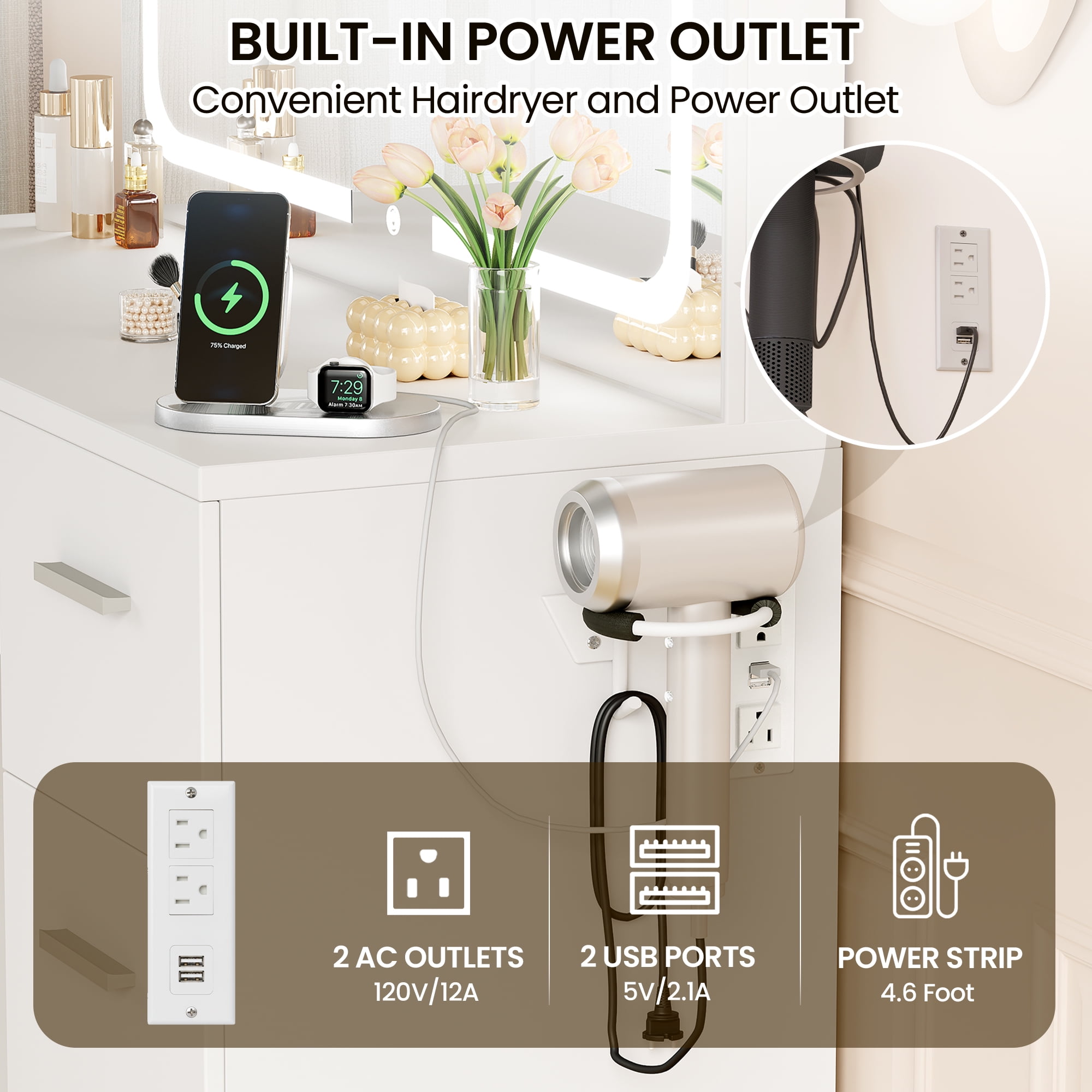 LIVELYGLOW Vanity Set with Mirror&Stool,Makeup Vanity Set with Power Outlet,Vanity Dressing Table with LED Light for Bedroom,White