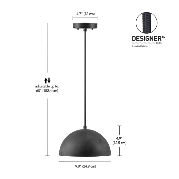 Luminaire suspendu à 1 ampoule avec abat-jour au fini béton et cordon de suspension en tissu noir