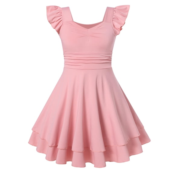 Lanbubble Girls Ruched Dresses Ruffle Sleeve Teens Tiered Swing A-line Pink Dress 11-12 Years