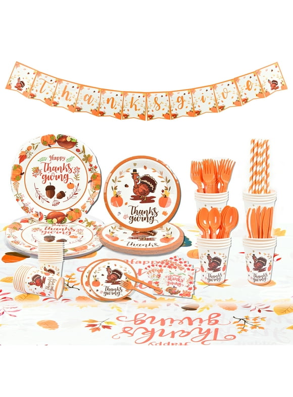 Coolmade Thanksgiving Disposable Plate Thanksgiving Party Supplies Tableware Set, with Thanksgiving Flag and Tablecloth with 16 Set Paper Plates and Napkins Disposable Dinnerware Set for 16 Guests