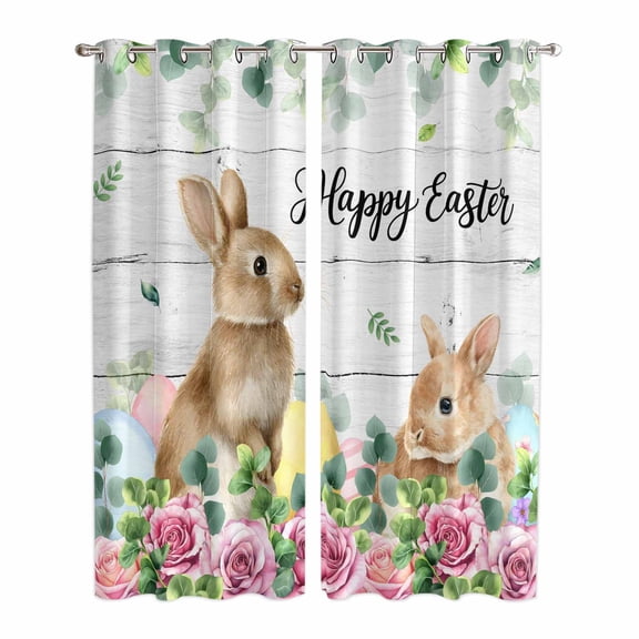 Easter Kitchen Curtains Window Panels, Spring Watercolor Bunny Eggs Flower Leaf Wooden Grey Insulated Window Treatment Curtain, Grommet Curtains for Bedroom/Living Room/Bathroom, 2 Piece 42"Wx84"L