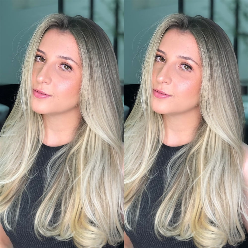 Mscathy Layered Straight Beige Ombre Hightlight Wigs Human Hair Ash Blonde 13x4 HD Transparent Lace Front Wig Human Hair 180% Density Pre Plucked Natural Hairline Remy Human Hair Wig With Baby Hair