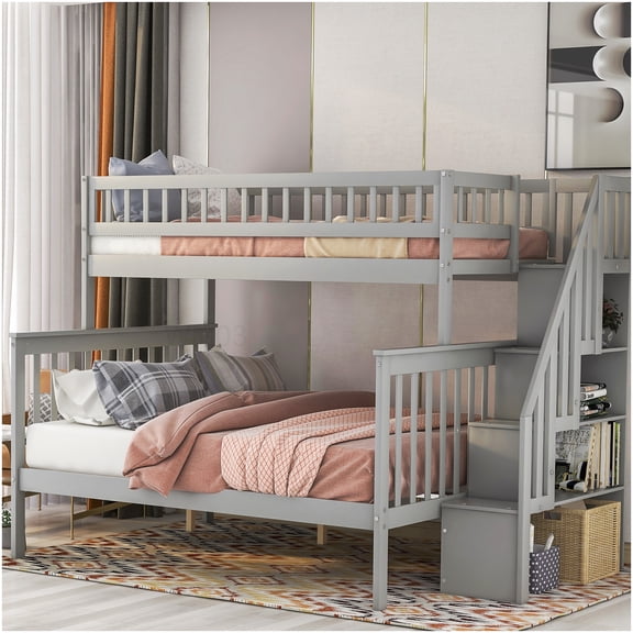 CHAMPFLAG Twin over Full Bunk Bed with Staircase Drawers, Side Shelves, Guardrails, Converts to 2 Beds, Solid Wood