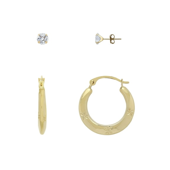 Brilliance Fine Jewelry Cubic Zirconia 6MM Studs and Hollow Hoops Set in 10K Yellow Gold