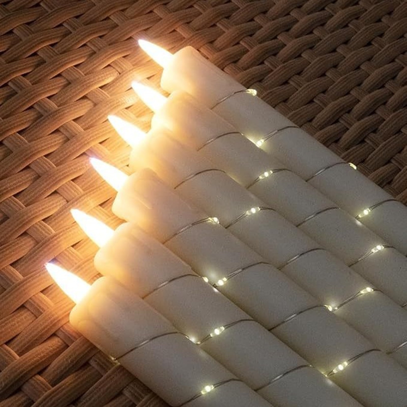 9.8Inch Flameless Taper Candles with Remote and String Lights, Ivory Real Wax Taper Candles Battery Operated, LED Flameless Battery Candlesticks for Wedding, Party, Home Decorations (Set of 6)