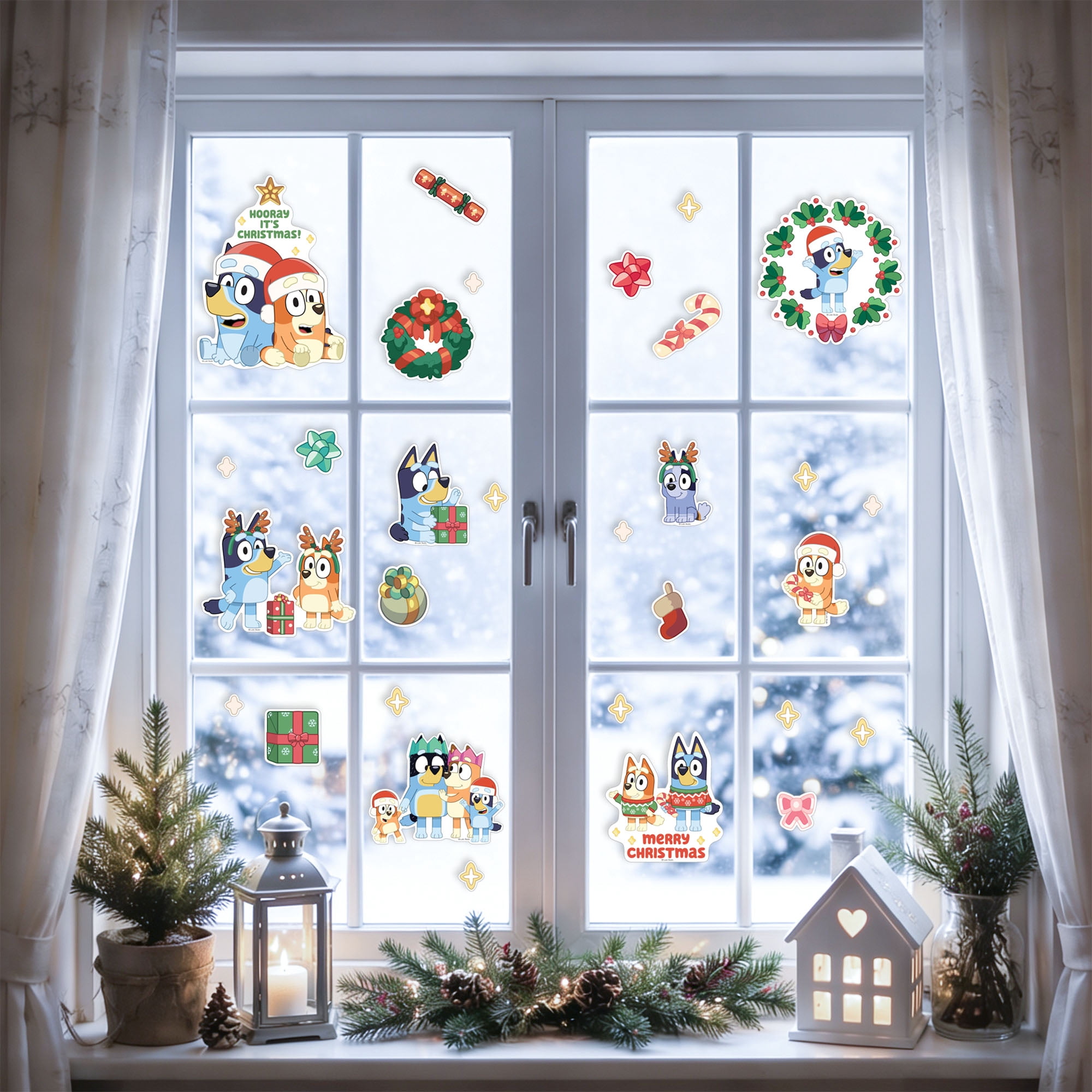 Bluey Christmas Window Clings, 30‑Piece Holiday Window Decorations – Bluey & Family Festive Designs
