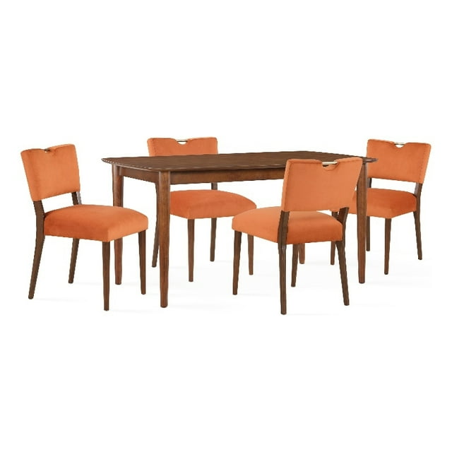 Set de Salle à Manger Bonito en Velours Orange Brûlé 5 Pièces en Finition Noyer