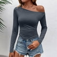 thumbnail image 5 of XRoczxe Women Off Shoulder Long Sleeve Top Ruched Slim Fit Solid Blouse Soft Stretch Casual Shirt, Can Be Worn Alone or Layered, 5 of 6