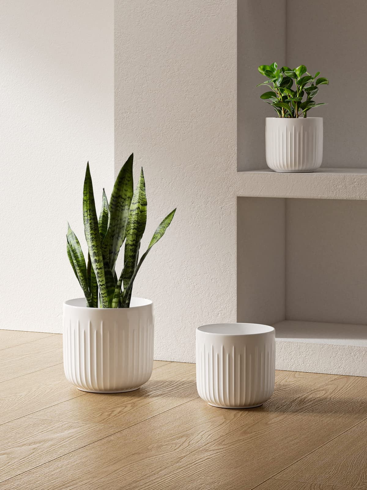 BEMAY 3-Pack Ceramic Plant Pots, 5.7", 6.9", 8.3" Sizes Indoor Planters, White Flower Pots with Drainage Holes