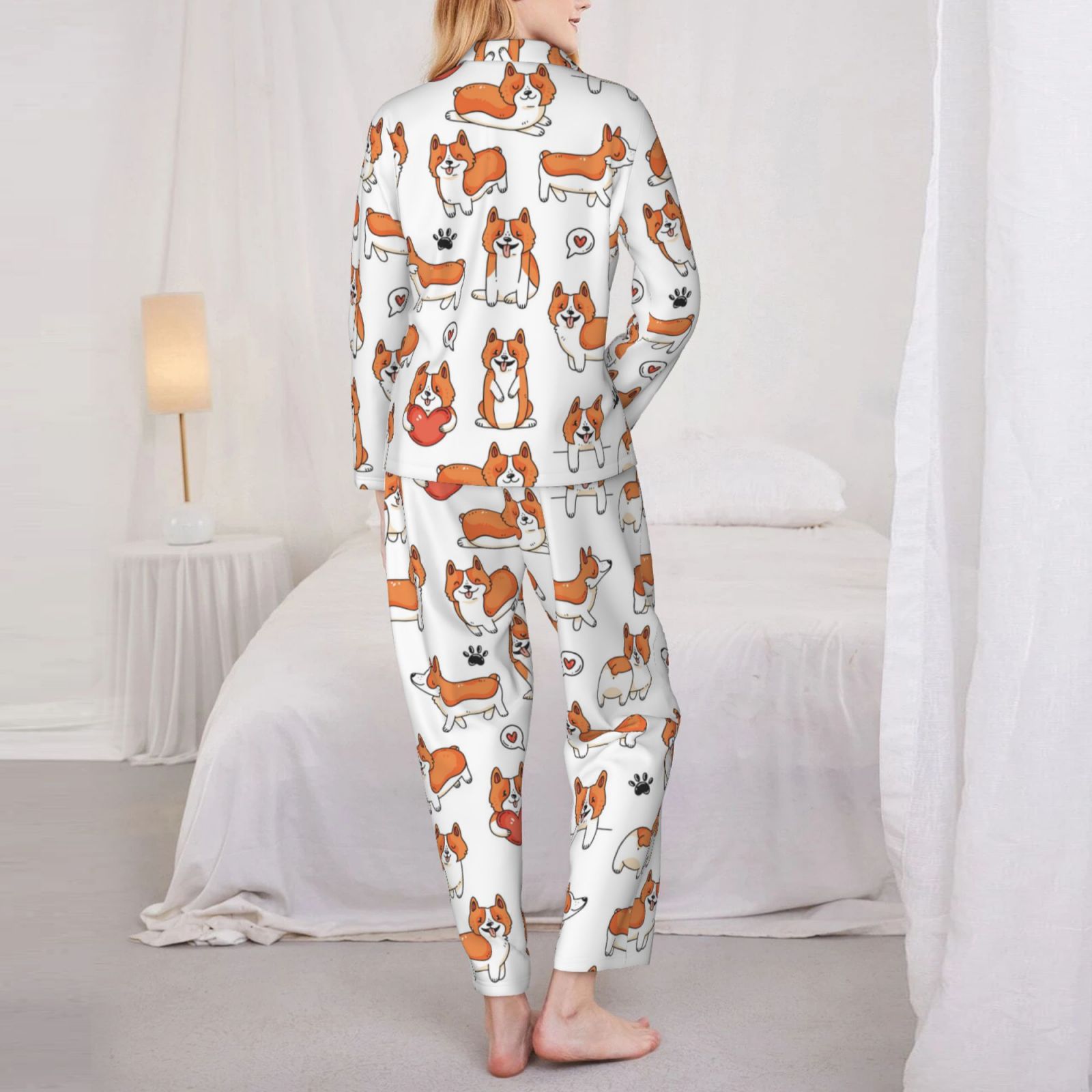 Vvfelixl Women's Corgi Print Pajama Set - Short Sleeve, Flesh Color, Cartoon Puppy Loungewear (Sizes S-XXL) - View #8