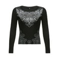 thumbnail image 3 of Musuos Womens Rhinestone Long Sleeve T-Shirt Y2K Fairycore Aesthetic Gothic Black Crop Top, 3 of 6