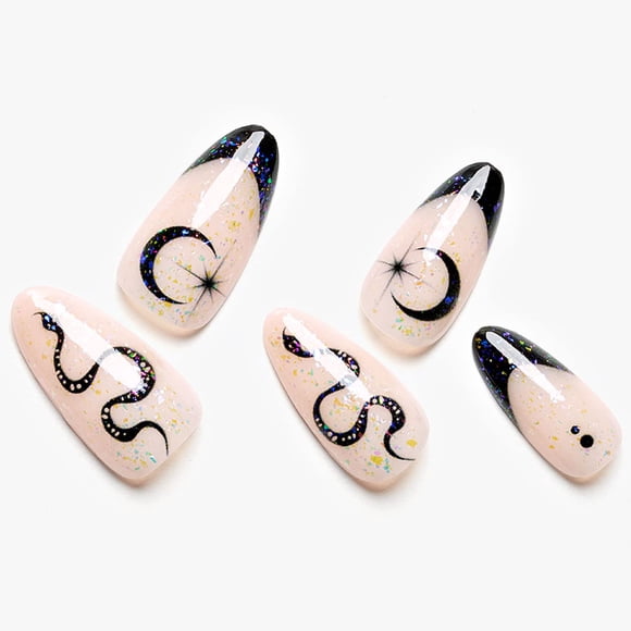GLAMERMAID Uñas postizas blancas desnudas, punta francesa media negra, uñas postizas góticas de Halloween, kits de uñas postizas acrílicas con pegamento en barra de serpiente con purpurina, juegos de