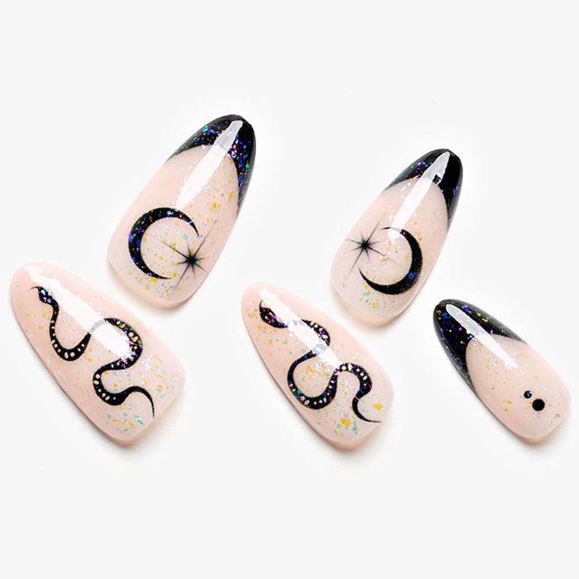 GLAMERMAID Uñas postizas blancas desnudas, punta francesa media negra, uñas postizas góticas de Halloween, kits de uñas postizas acrílicas con pegamento en barra de serpiente con purpurina, juegos de