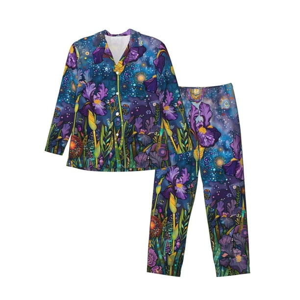 Fotbe Cosmic Purple Irises Pijama de Hombre con Estampado de Manga Larga, Conjunto de 2 Piezas, Ropa de Dormir Suave y Cómoda con Bolsillos-Medium