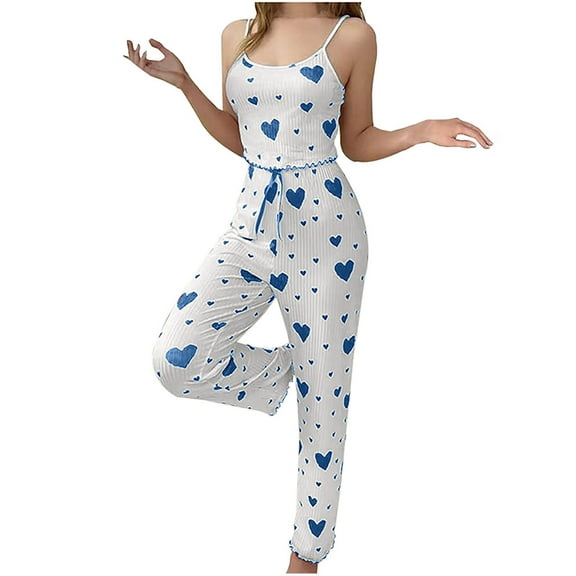 Women's 2 Piece Pajama Set Heart Print Wave Trim Ribbed Knit Cami Top and Drawstring Pants Pjs Loungewear