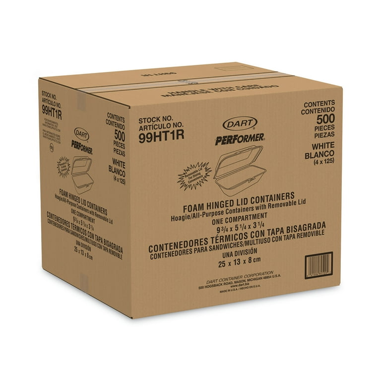 Foam Hinged Lid Container, Hoagie Container with Removable Lid, 5.3 x 9.8 x 3.3, White, 125/Bag, 4 Bags/Carton Foam Hinged Lid Container, Hoagie Container with Removable Lid, 5.3 x 9.8 x 3.3, White, 125/Bag, 4 Bags/Carton