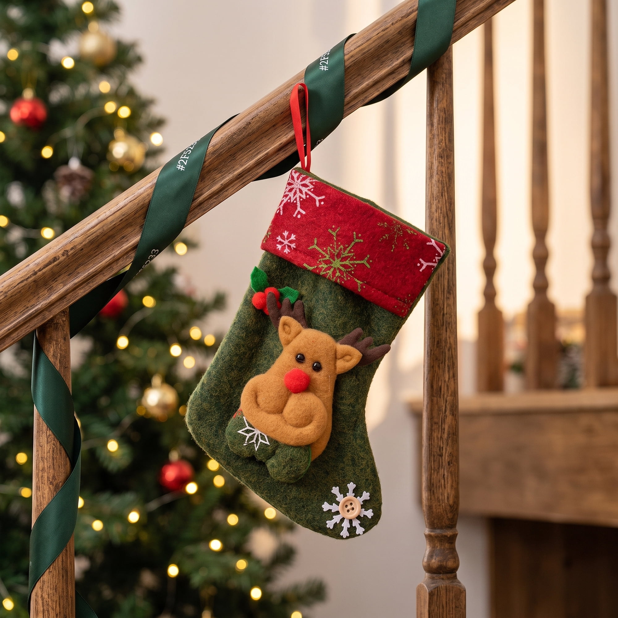 Unique Bargains Braided Knit Christmas Stocking Double Layer Hygge Sock Green Deer 6"
