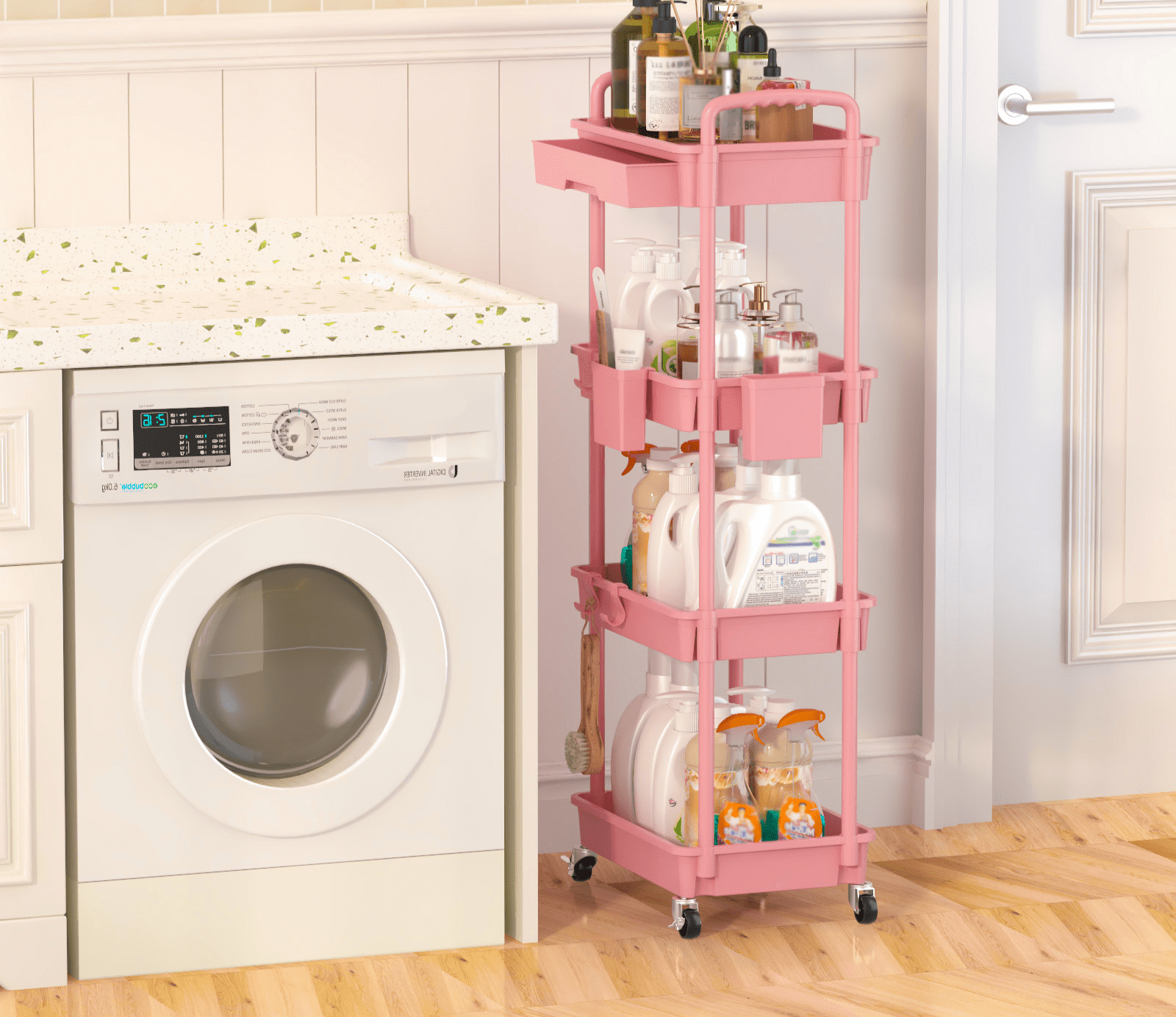 LLMRR 4 Tier Rolling Utility Cart with Drawer, Cart with Drawer & Handle, Bathroom Cart Organizer, Rolling Storage Cart with Drawer, Rolling Cart with Lockable Wheels for Kitchen, Office, Pink