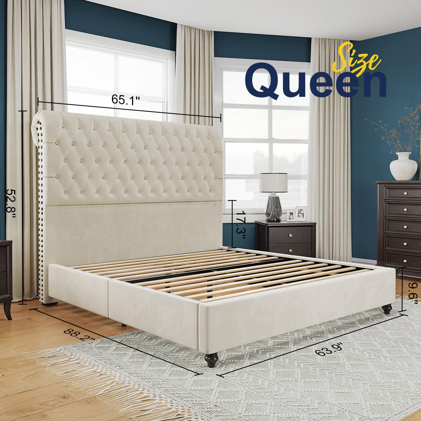Merluxy Queen Bed Frame with Upholstered Tufted Sleigh Headboard, Velvet Cream