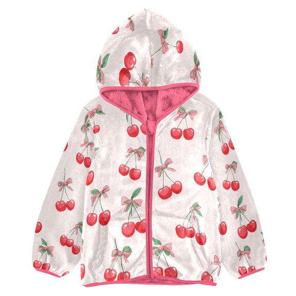 BZSMCE Double-Sided Sherpa Fleece Hooded Zipper Jacket Pink Cherry Pink Background Pattern Print Warm Outerwear