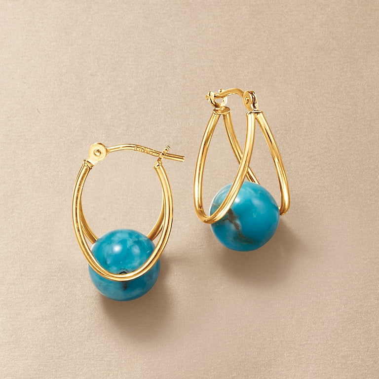 Ross-Simons Turquoise Double Hoop Earrings in 14kt Yellow Gold For