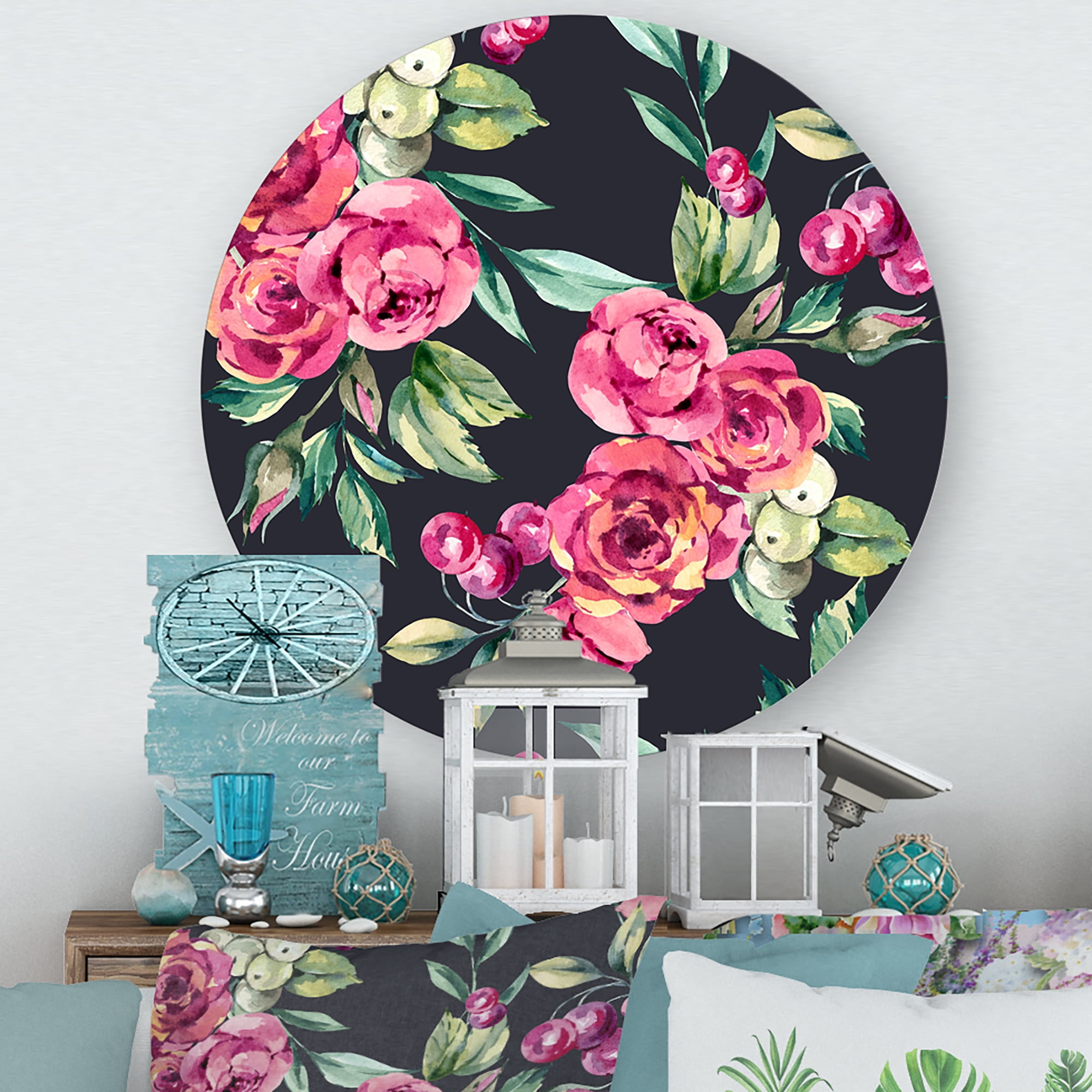 Designart 'Red VIntage Roses and Berries On Black Background' Farmhouse Circle Metal Wall Art 23x23 - Disc of 23