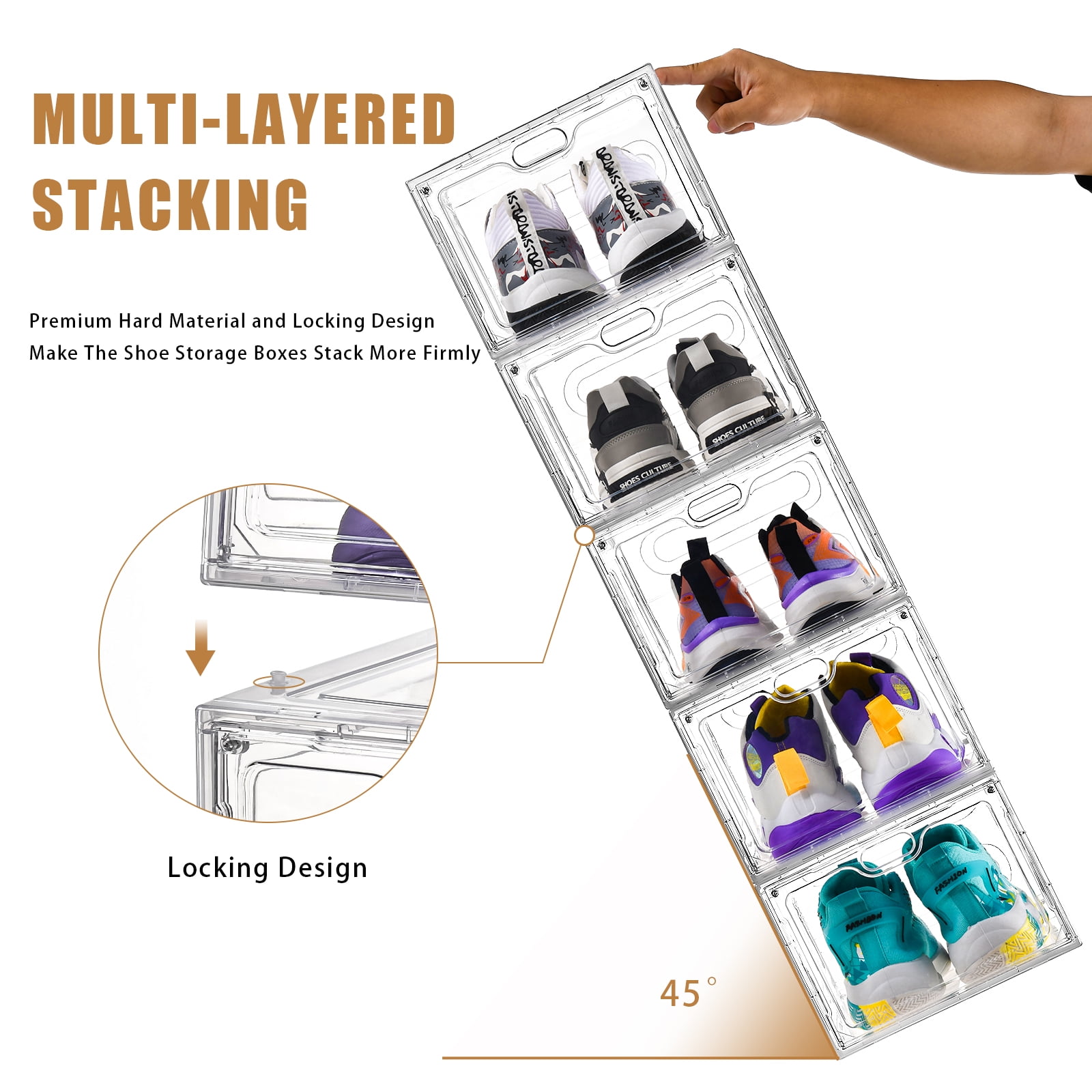 VOZOGO 6 Pack Clear Shoe Storage Organizer Box, Stackable Plastic Shoe Cabinet Box Set with Magnetic Door, Shoe Rack for Sneaker Storage,Shoe Containers 13.4"x 9.8"x 7.1"