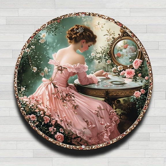 Vintage Pink Gown Lady Rustic Aluminum Metal Round Wall Sign, 8 Inch Indoor Outdoor Decor for Home Office Cafe Yard