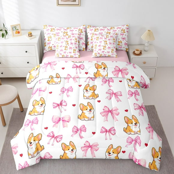 Erosebridal Cartoon Corgi Bedding Queen Size,Kawaii Bow Comforter Sets with Sheets,Love Heart Bedding Sets Queen Size,Breathable Kids Bedroom Decor,Reversible,7 Pieces