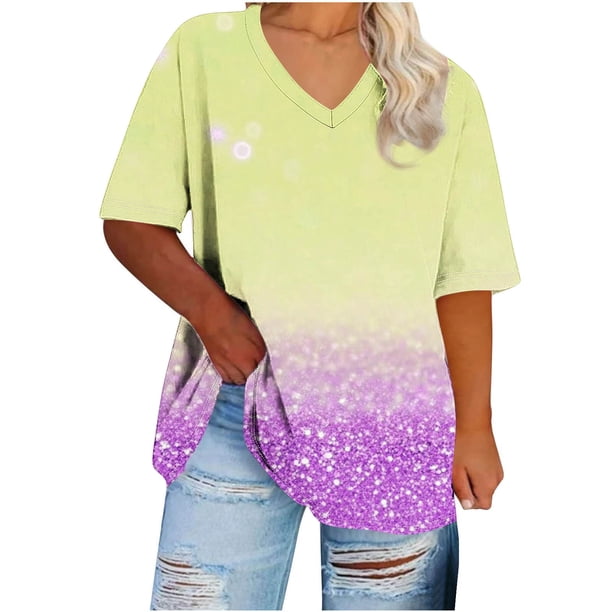 Tamaño Más Manga Corta Tops para la Impresión de Cuello en V de las Mujeres, Color Sólido Base de Verano Camiseta Casual