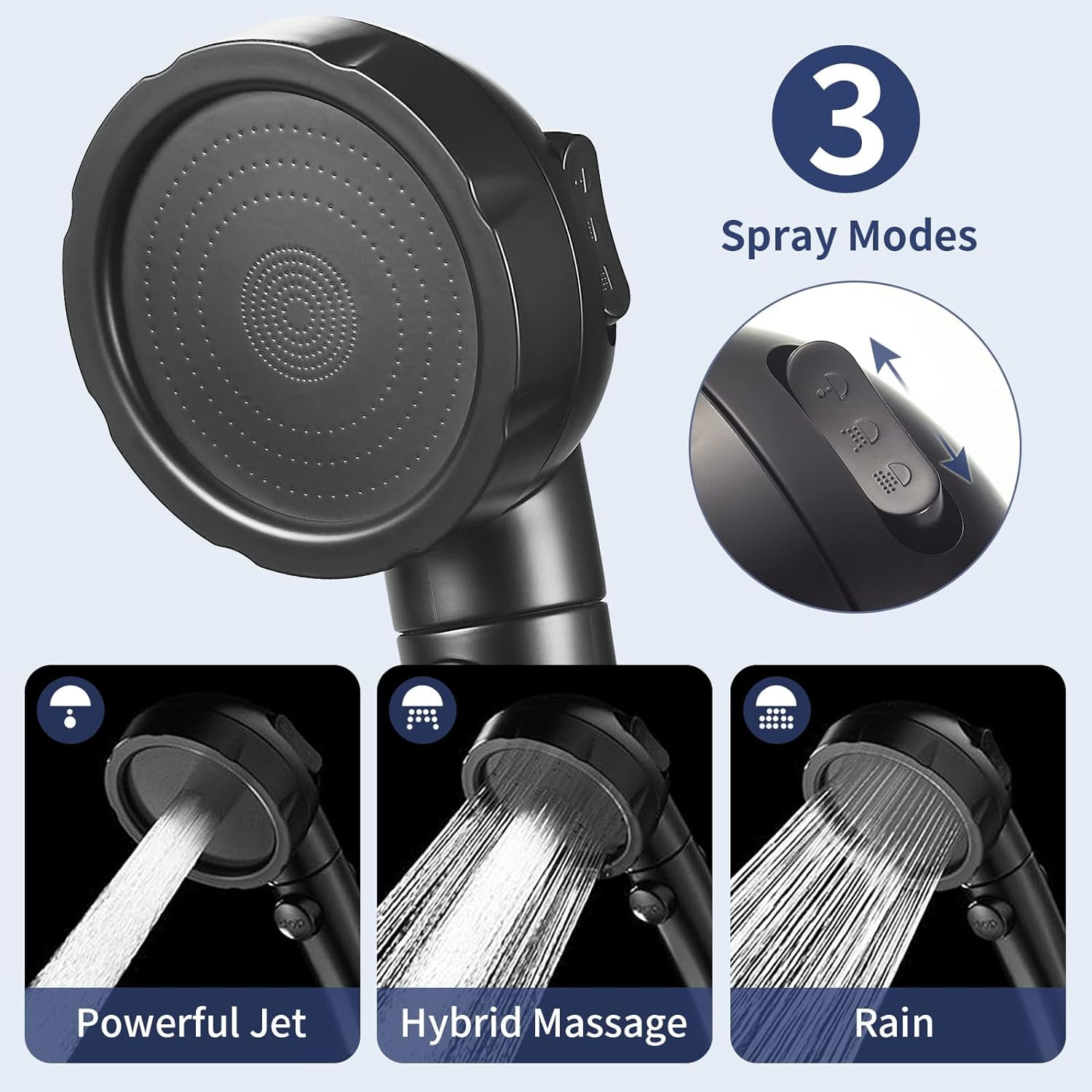 High Pressure Shower Head with Pause Button, 3 Spray Modes Shower Head for RV Camper, Water Saving On Off Shower, Handheld Shower Head with Hose and Adjustable Self-adhesive Holder ()