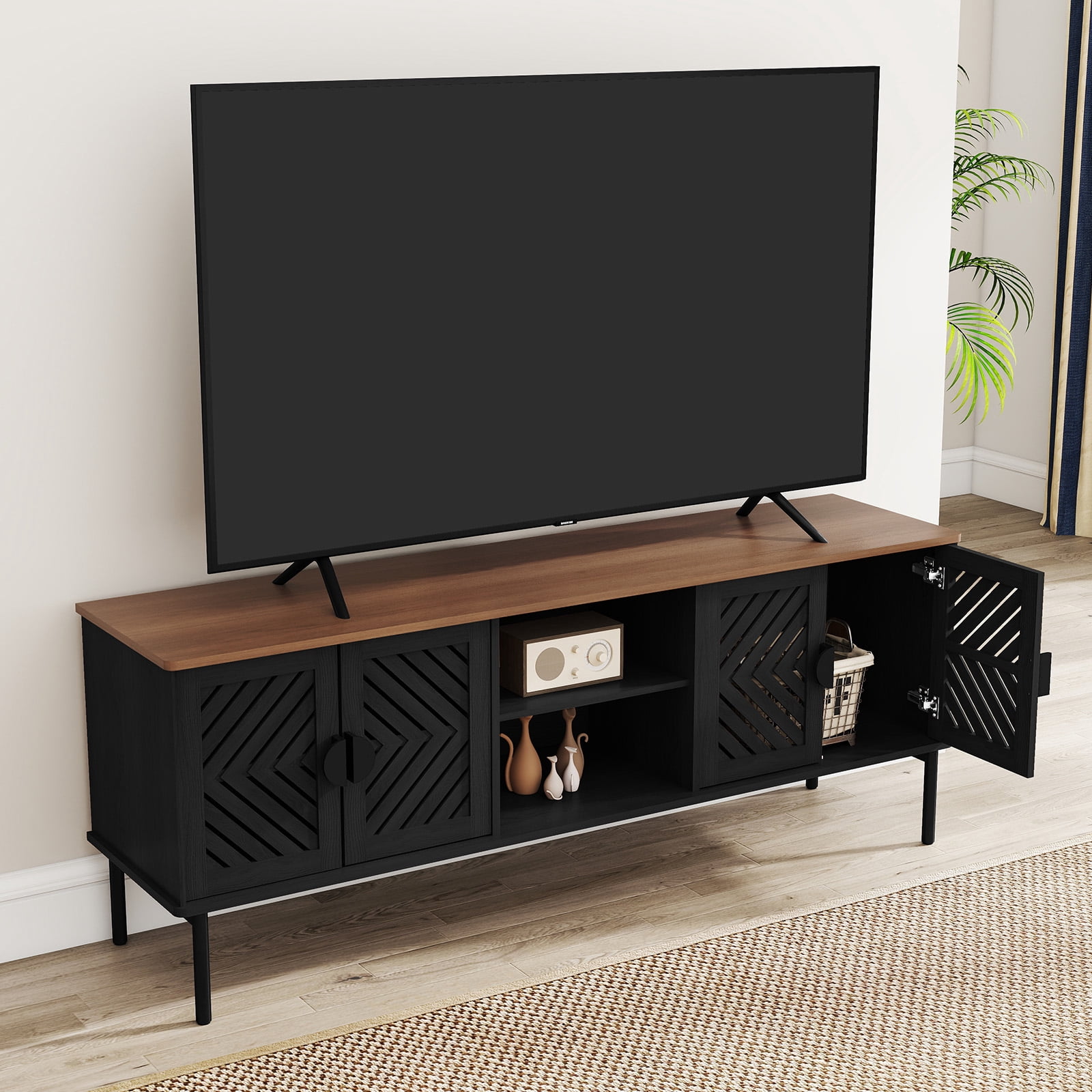 HLR Mid Century Modern 63" TV Stand for 75 inch TV with Storage, Entertainment Center for Living Room, Black