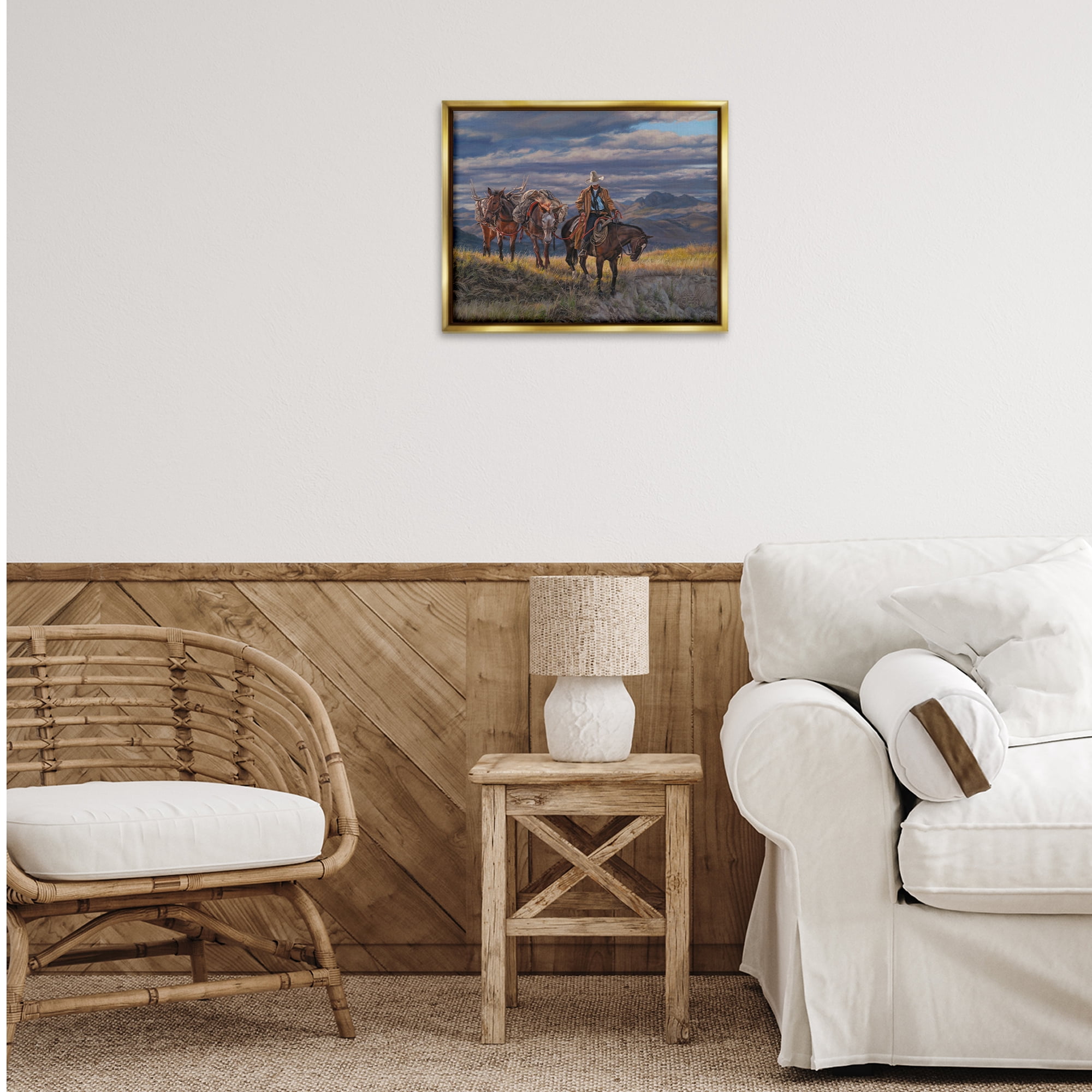 Stupell Industries Sauntering Cowboy & Horses Landscape Painting Gold Floater Framed Canvas Art Print Wall Art, 21 x 17