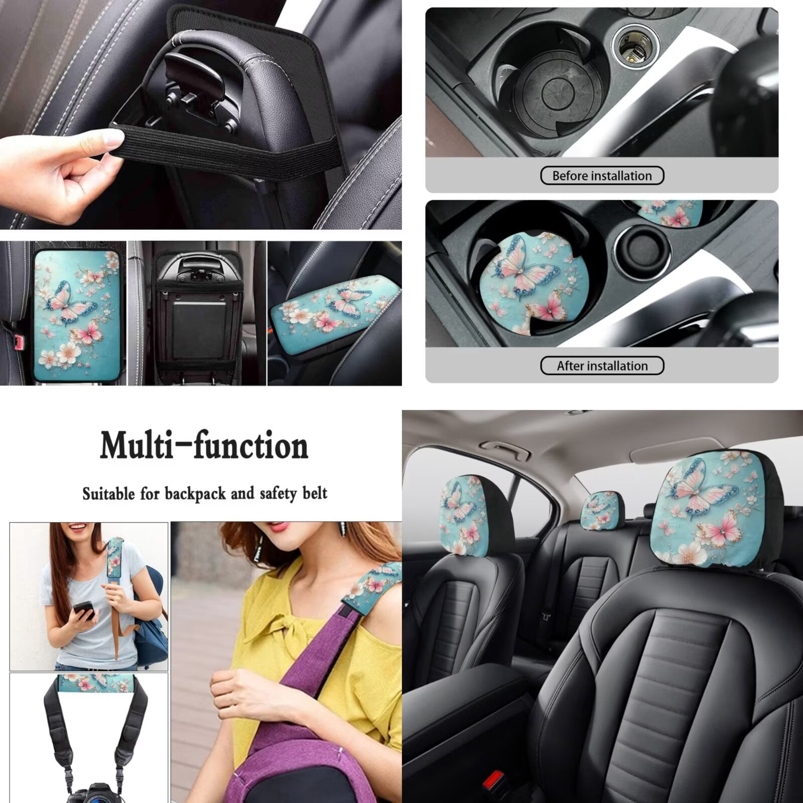LedBack Butterfly Floral Printed Car Seat Covers Full Set Steering Wheel Covers Car Seat Belt Pads Armrest Pad Covers Car Mirror Accessories for Women Men, 15 Pcs Car Accessories, Blue