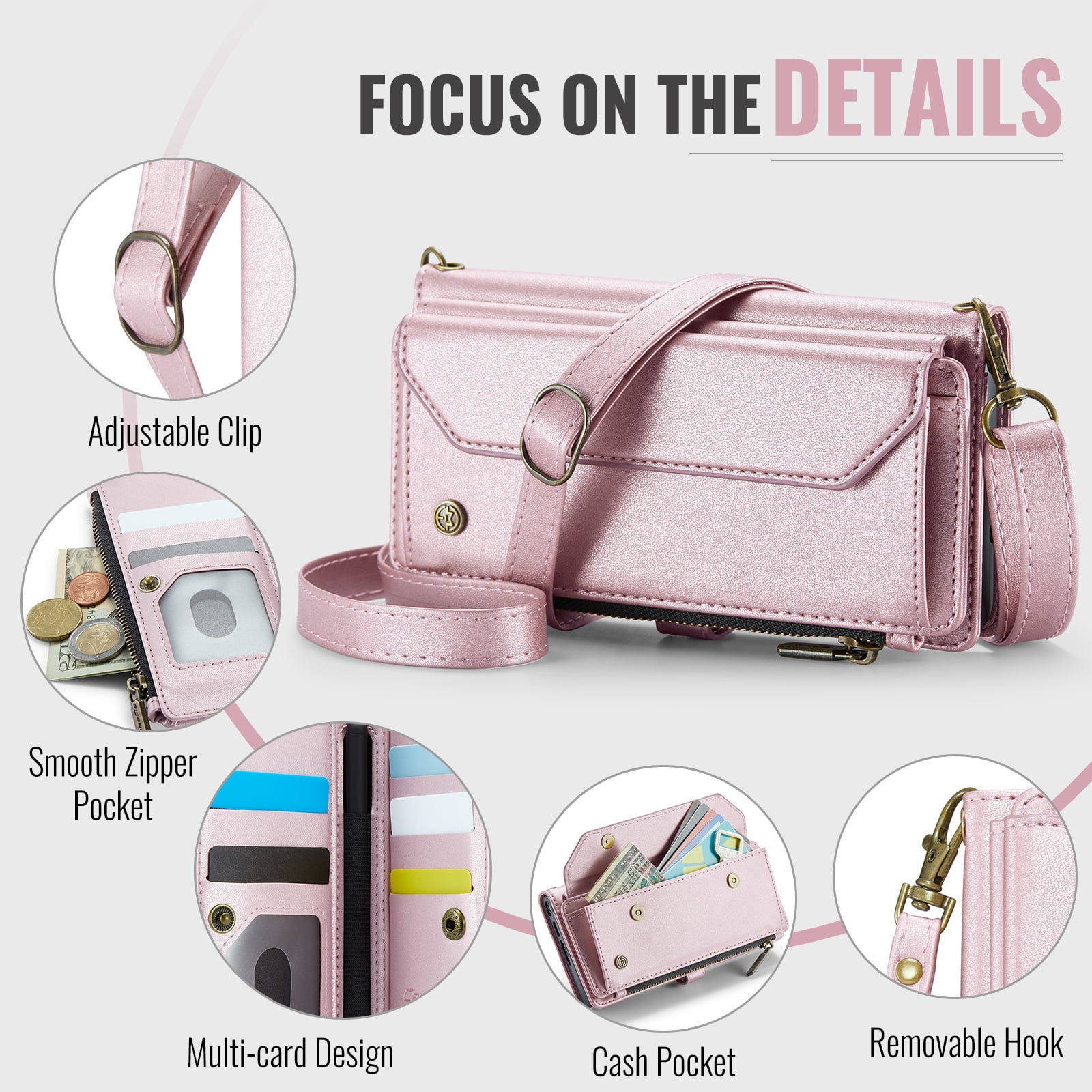 Dteck for Samsung Galaxy Z Fold 5 Case with RFID Blocking Wallet Case for Women Men, Shockproof PU Leather Magnetic Flip Strap Zipper Card Holder Phone Case,Pink