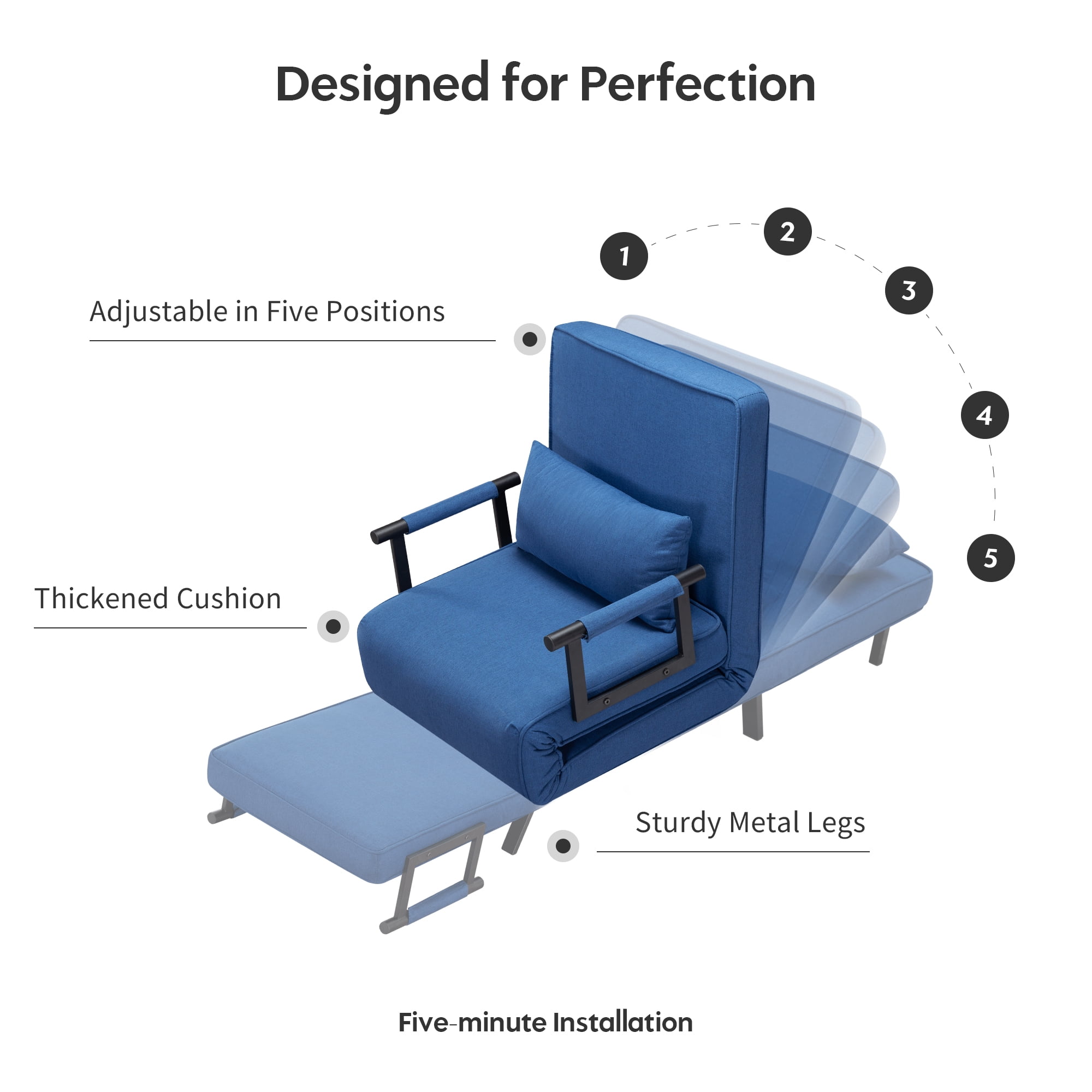Aukfa Comfy Mini Sofa Adjustable Backrest Chaise Lounger Convertible Sofa Chair Bed w/ &Pillow, Blue