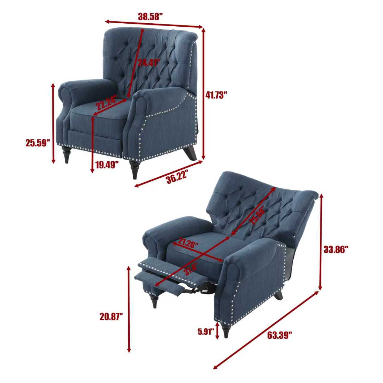 Gewnee 38.58” Manual Push Back Recliner Linen Fabric for Living Room Office Bedroom Blue