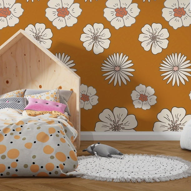 1 Roll, Orange Big Flower Print Thick Moisture-proof Wall Sticker, Waterproof Self-adhesive Home Decoration Wallpaper, Creative Floral Pattern Wall Adhesive Roll For Home Decor, Room Decor