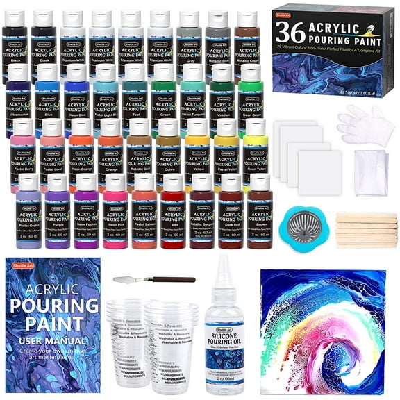 Acrylic Pouring Paint, Shuttle Art Set of 36 Bottles (2 oz/60ml) Pre-Mixed High-Flow Acrylic Paint Pouring Supplies with Canvas, Silicone Oil, Measuring Cups, Tablecloths, Complete Paint Pouring Kit
