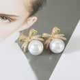 thumbnail image 5 of Pearl Bow Earrings for Women Elegant Rhinestone Dangle Holiday Jewelry Christmas Party Drop Earrings, 5 of 8