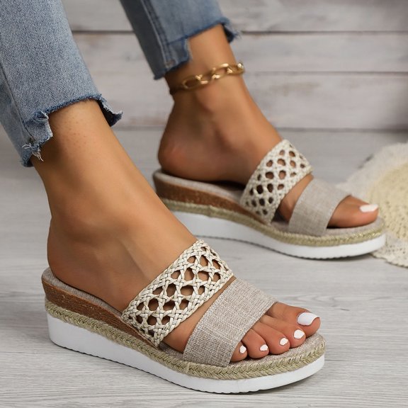 Womens Elastic Strappy Wedge Sandals Open Toe Summer Beach Low Wedges Shoes Beige 9