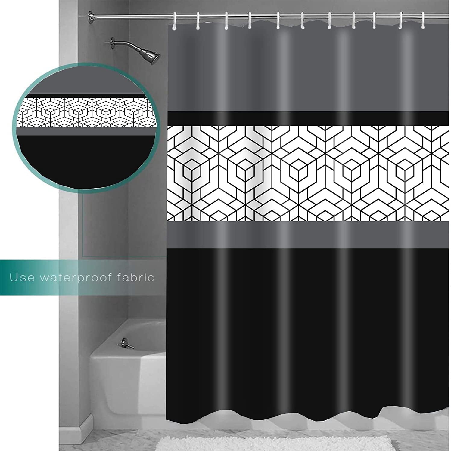 Narrow Size Stall 36"x72" Modern Farmhouse Shower Curtain Set for Bathroom with Hooks Grey Black White Boho Bath Curtain Abstract Plaid Water Repellent Polyester Shower Curtain Trim